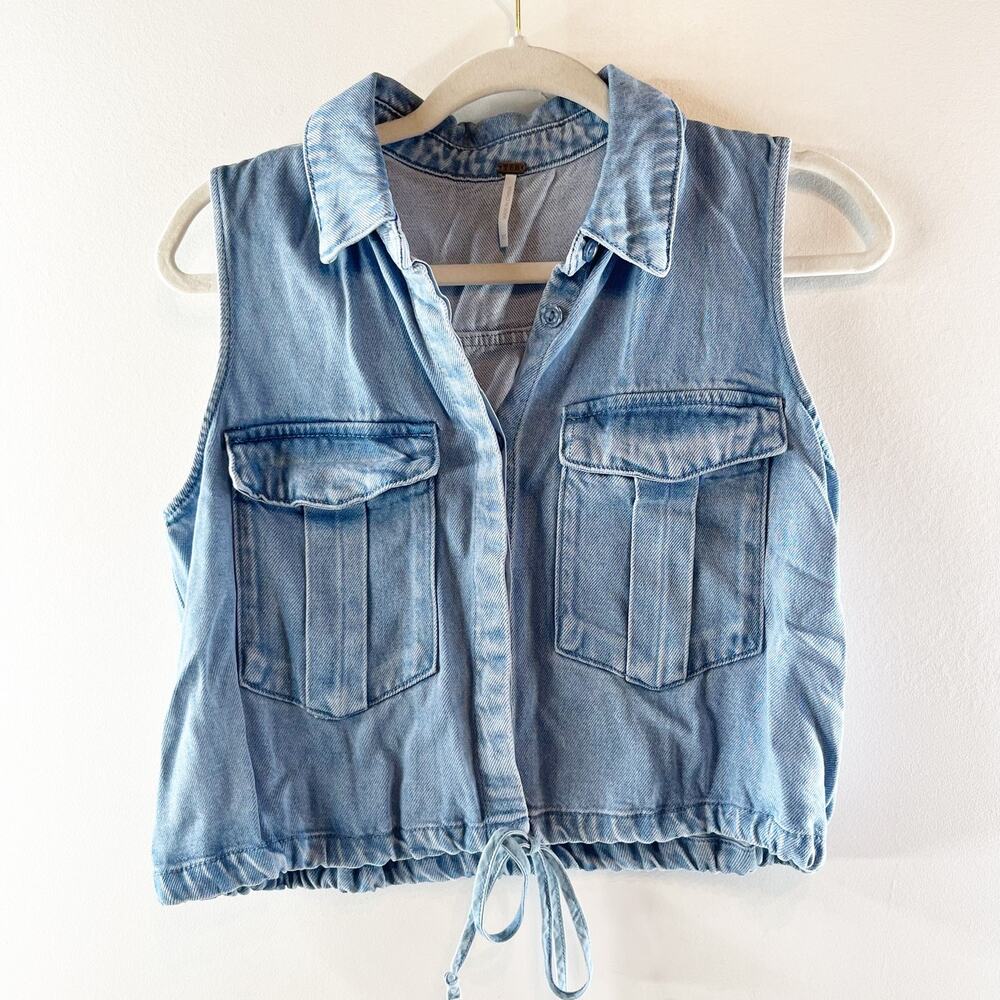 Young Fabulous & Broke Sleeveless Cropped Boxy Denim Shirt Vest Jacket Blue XS